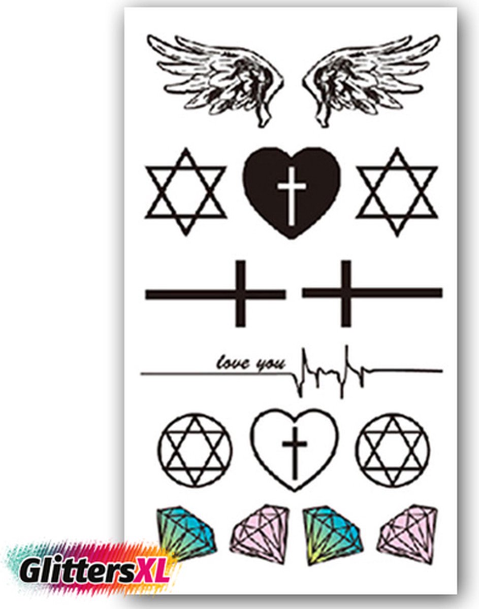 GlittersXL - Temporary Tattoo Kruis/Hart/Diamant/Vleugels (11x6cm) [Neptattoo - Tijdelijke tatoeage - Nep Fake Tattoos - Water overdraagbare festival sticker henna outfit tattoo - Glitter tattoo - Volwassenen Kinderen Jongen Meisje]